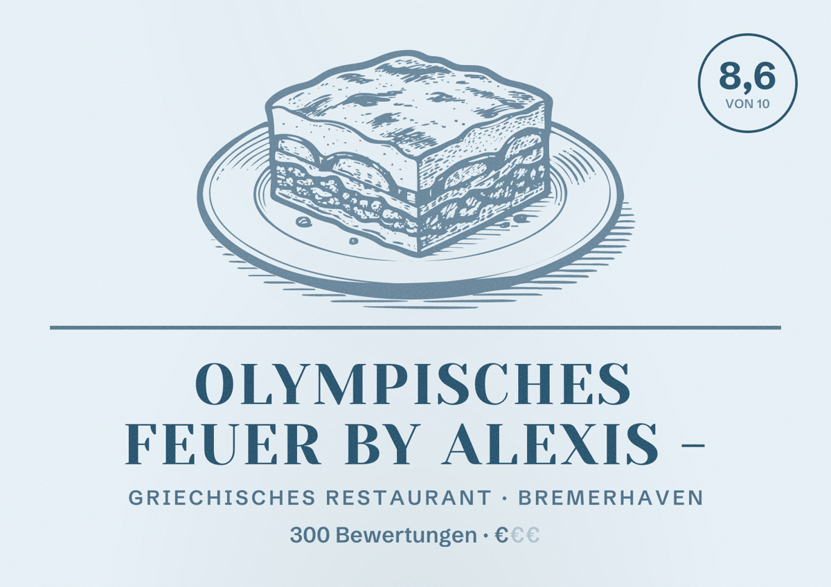 Illustriertes Poster von Olympisches Feuer By ALEXIS -, Griechisches Restaurant in Bremerhaven: Bewertung 8,6 von 10 aus 300 Bewertungen, Preisniveau €