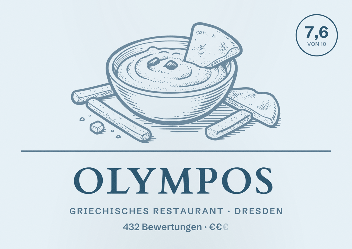 Illustriertes Poster von Olympos, Griechisches Restaurant in Dresden: Bewertung 7,6 von 10 aus 432 Bewertungen, Preisniveau €€