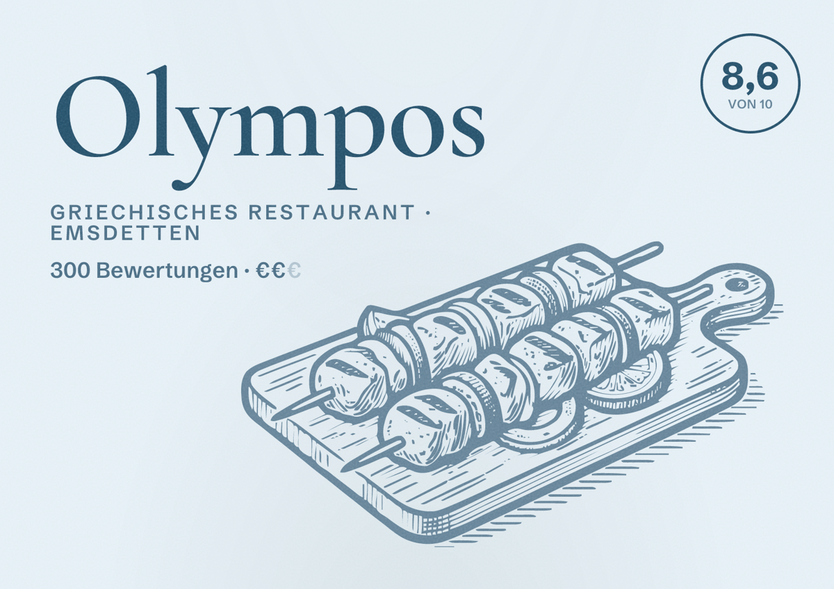 Illustriertes Poster von Olympos, Griechisches Restaurant in Emsdetten: Bewertung 8,6 von 10 aus 300 Bewertungen, Preisniveau €€