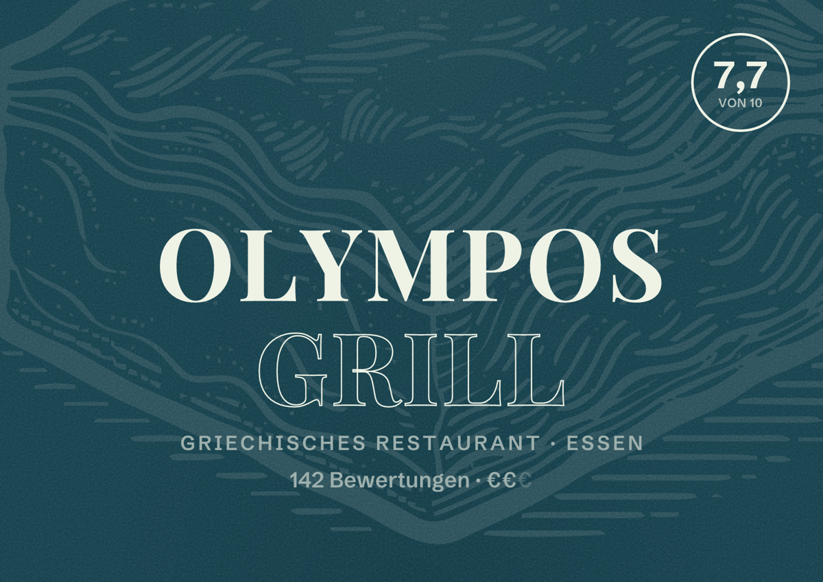 Illustriertes Poster von Olympos Grill, Griechisches Restaurant in Essen: Bewertung 7,7 von 10 aus 142 Bewertungen, Preisniveau €€