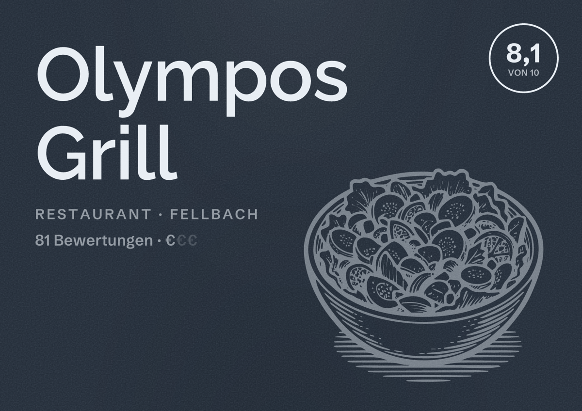 Illustriertes Poster von Olympos Grill, Restaurant in Fellbach: Bewertung 8,1 von 10 aus 81 Bewertungen, Preisniveau €