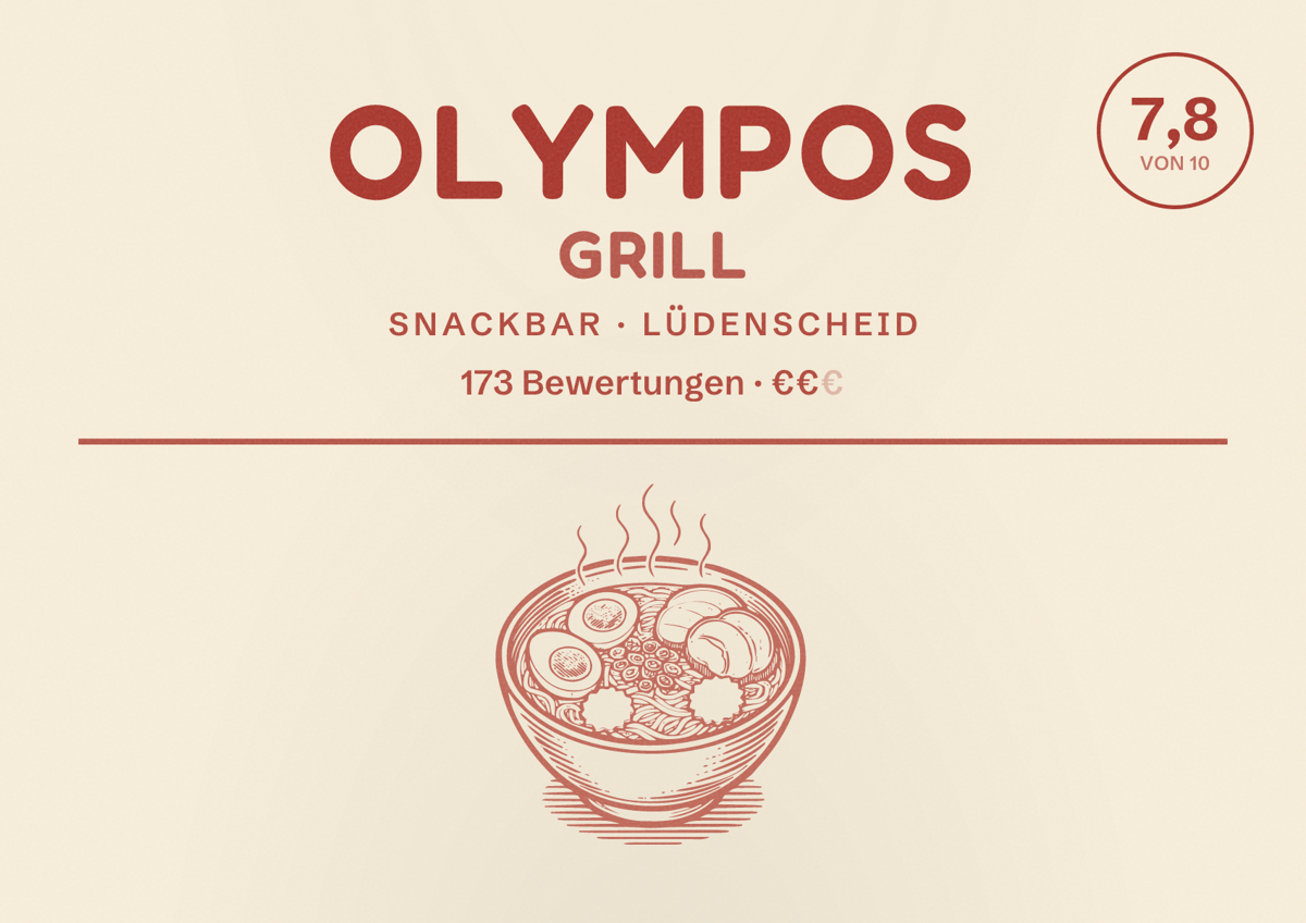 Illustriertes Poster von OLYMPOS Grill, Snackbar in Lüdenscheid: Bewertung 7,8 von 10 aus 173 Bewertungen, Preisniveau €€
