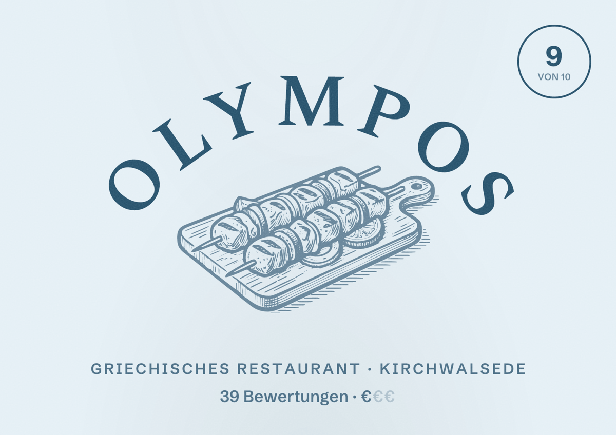 Illustriertes Poster von Olympos, Griechisches Restaurant in Kirchwalsede: Bewertung 9 von 10 aus 39 Bewertungen, Preisniveau €