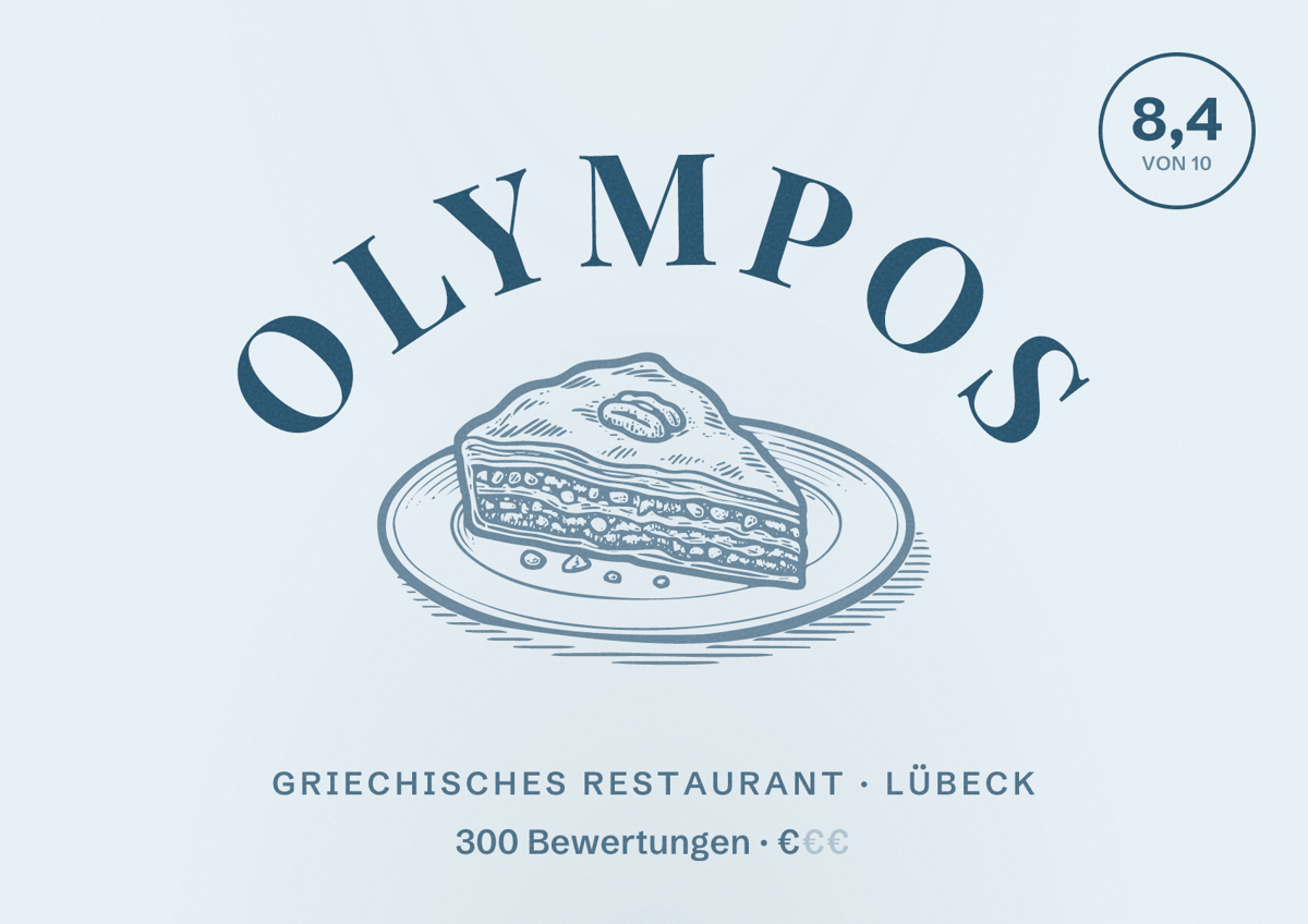 Illustriertes Poster von Olympos, Griechisches Restaurant in Lübeck: Bewertung 8,4 von 10 aus 300 Bewertungen, Preisniveau €