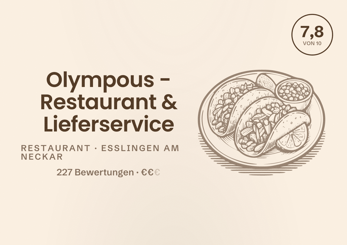 Illustriertes Poster von Olympous - Restaurant & Lieferservice, Restaurant in Esslingen am Neckar: Bewertung 7,8 von 10 aus 227 Bewertungen, Preisniveau €€