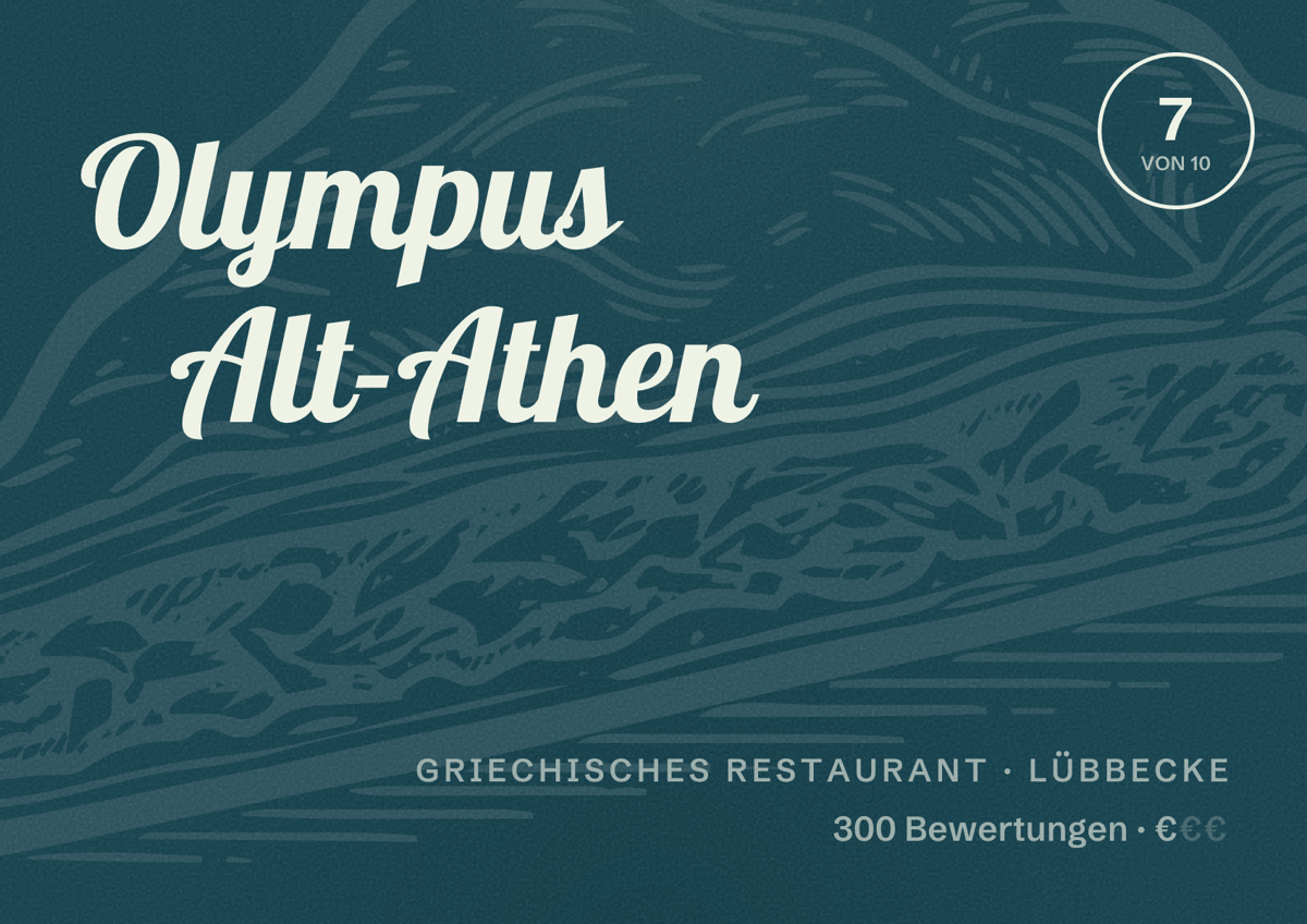 Illustriertes Poster von Olympus Alt-Athen, Griechisches Restaurant in Lübbecke: Bewertung 7 von 10 aus 300 Bewertungen, Preisniveau €