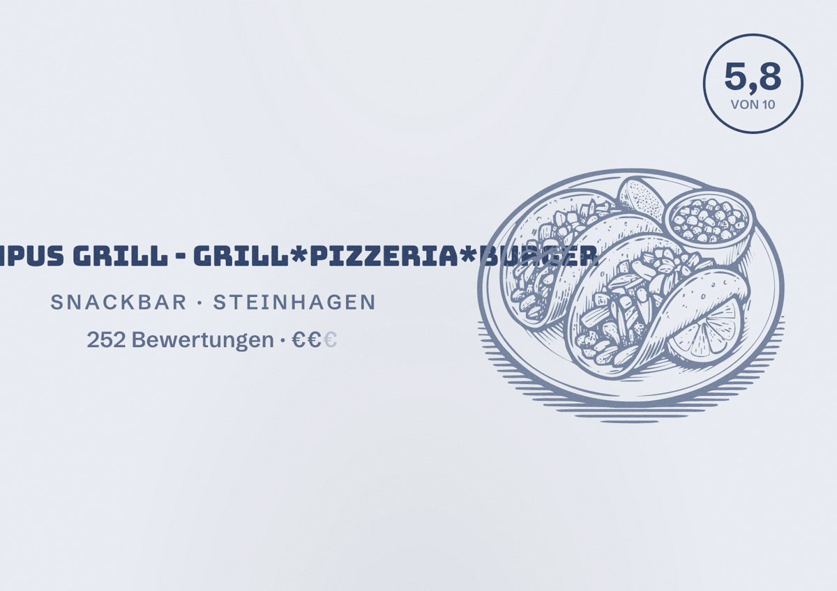 Illustriertes Poster von Olympus Grill - Grill*Pizzeria*Burger, Snackbar in Steinhagen: Bewertung 5,8 von 10 aus 252 Bewertungen, Preisniveau €€