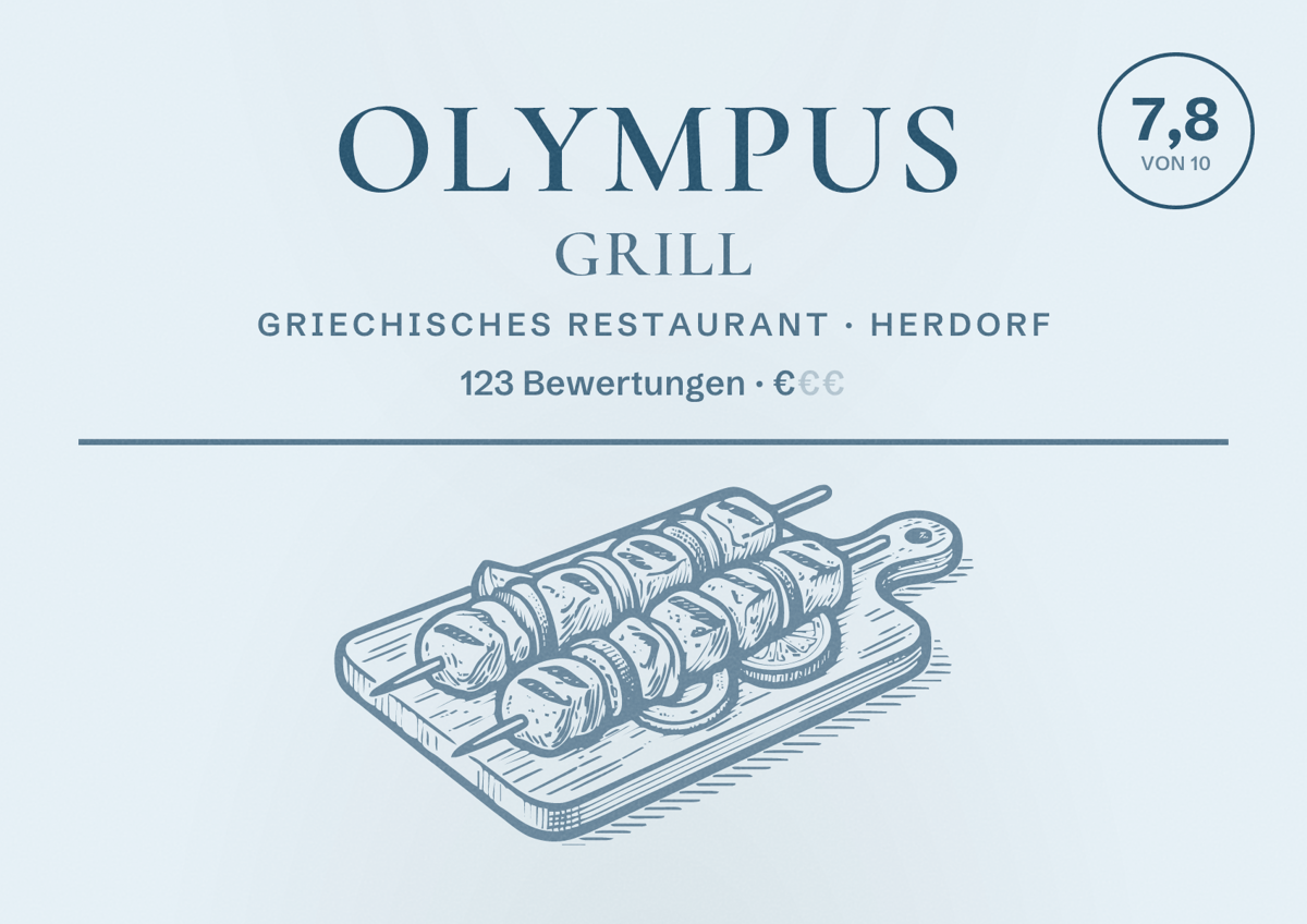 Illustriertes Poster von Olympus Grill, Griechisches Restaurant in Herdorf: Bewertung 7,8 von 10 aus 123 Bewertungen, Preisniveau €