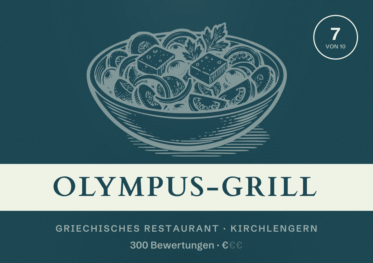 Illustriertes Poster von Olympus-Grill, Griechisches Restaurant in Kirchlengern: Bewertung 7 von 10 aus 300 Bewertungen, Preisniveau €
