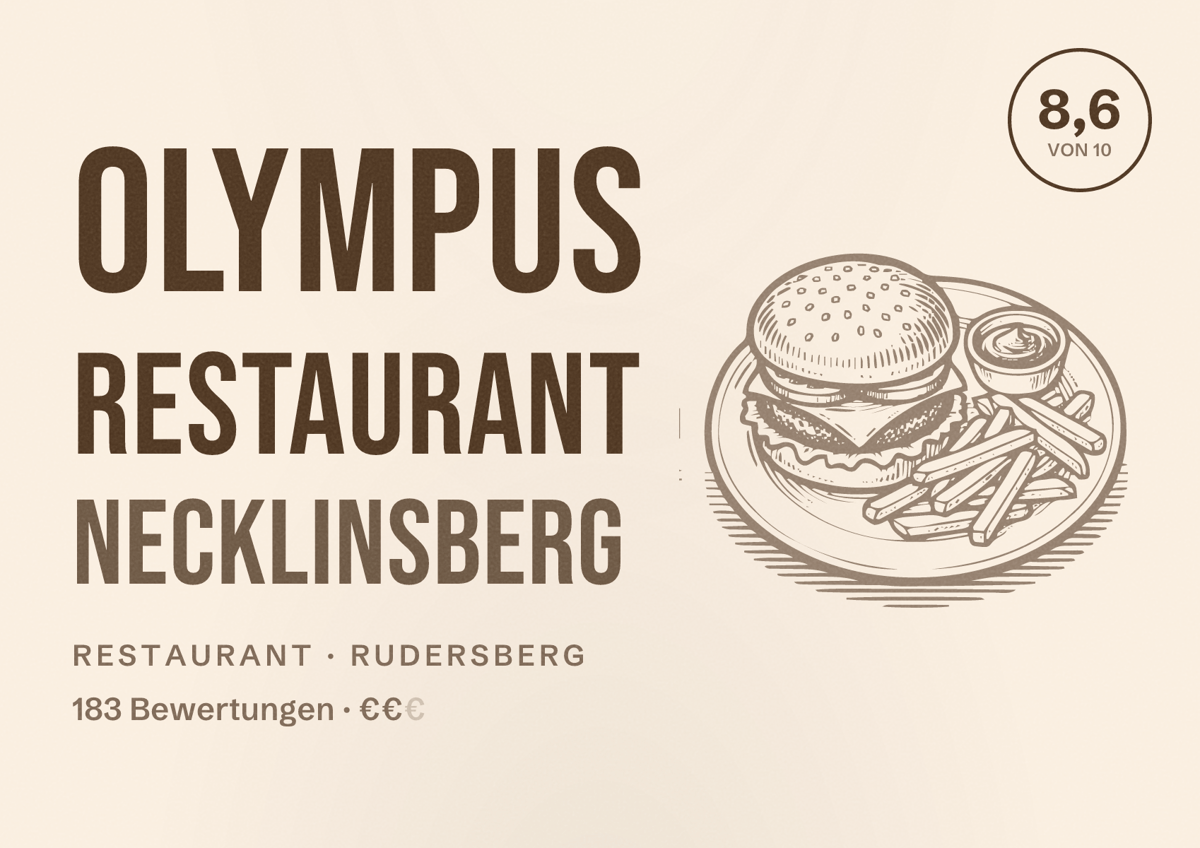 Illustriertes Poster von Olympus Restaurant Necklinsberg, Restaurant in Rudersberg: Bewertung 8,6 von 10 aus 183 Bewertungen, Preisniveau €€