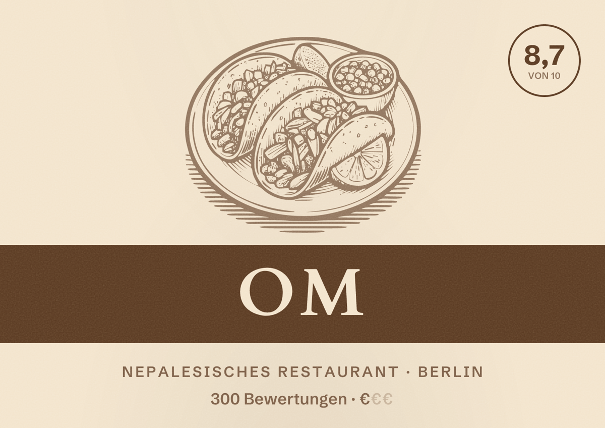 Illustriertes Poster von OM, Nepalesisches Restaurant in Berlin: Bewertung 8,7 von 10 aus 300 Bewertungen, Preisniveau €