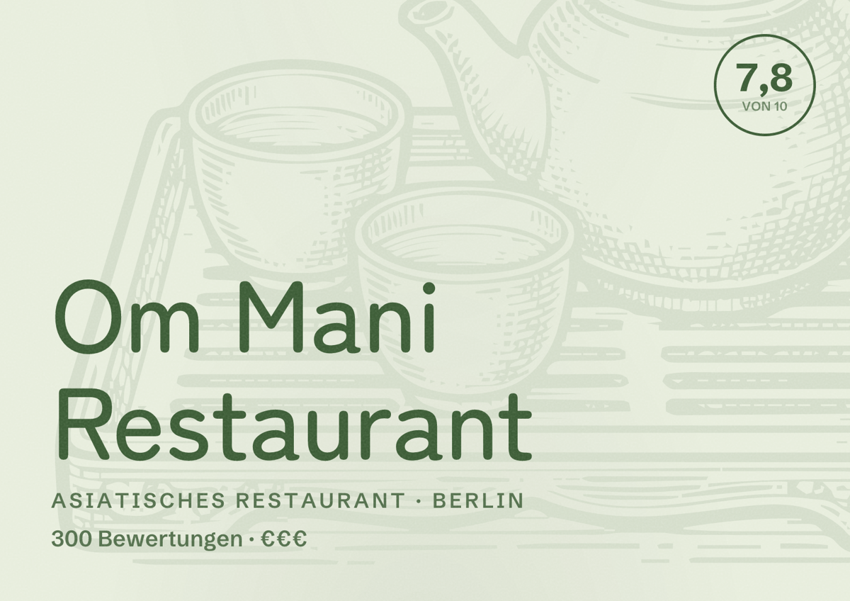 Illustriertes Poster von Om Mani Restaurant, Asiatisches Restaurant in Berlin: Bewertung 7,8 von 10 aus 300 Bewertungen, Preisniveau €€€