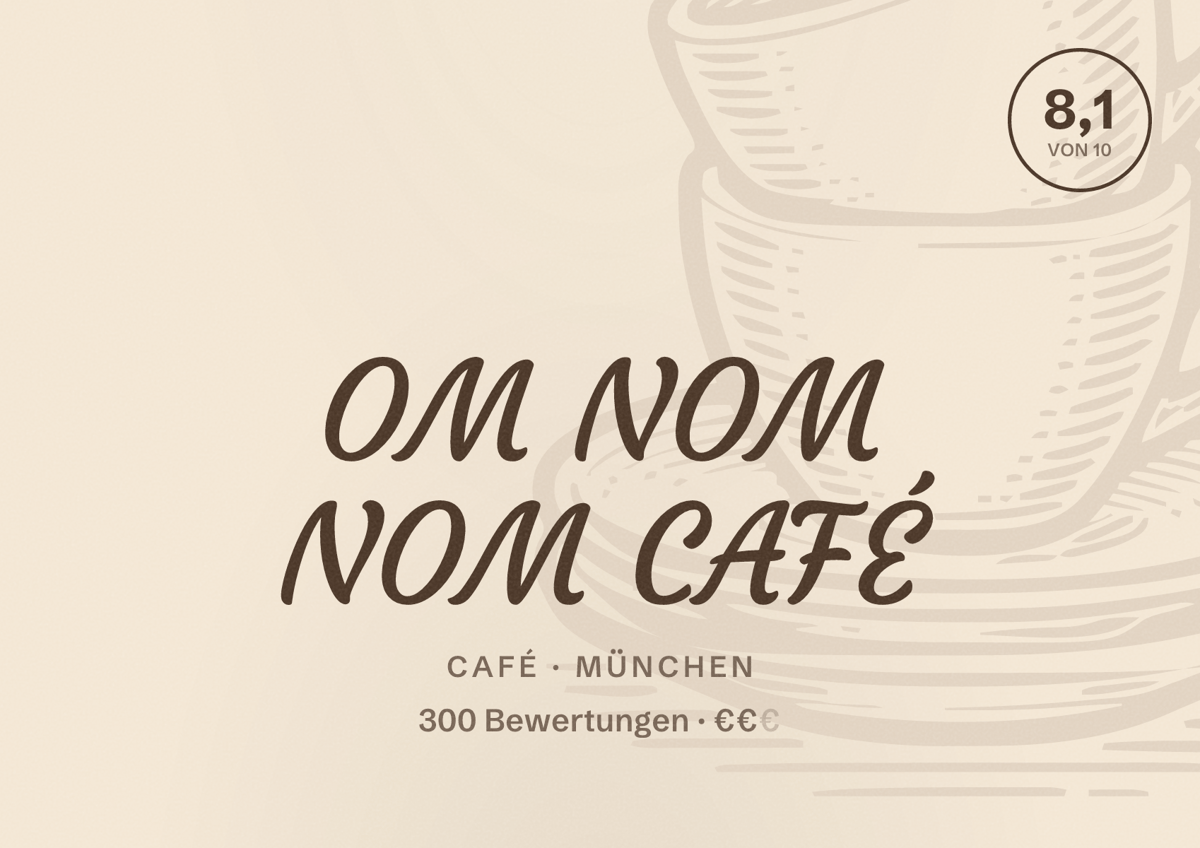 Illustriertes Poster von OM NOM NOM CAFÉ, Café in München: Bewertung 8,1 von 10 aus 300 Bewertungen, Preisniveau €€