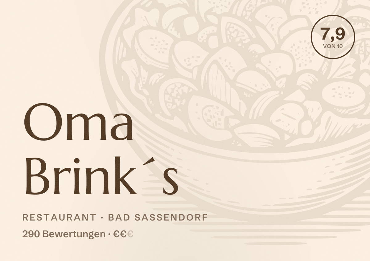 Illustriertes Poster von Oma Brink´s, Restaurant in Bad Sassendorf: Bewertung 7,9 von 10 aus 290 Bewertungen, Preisniveau €€