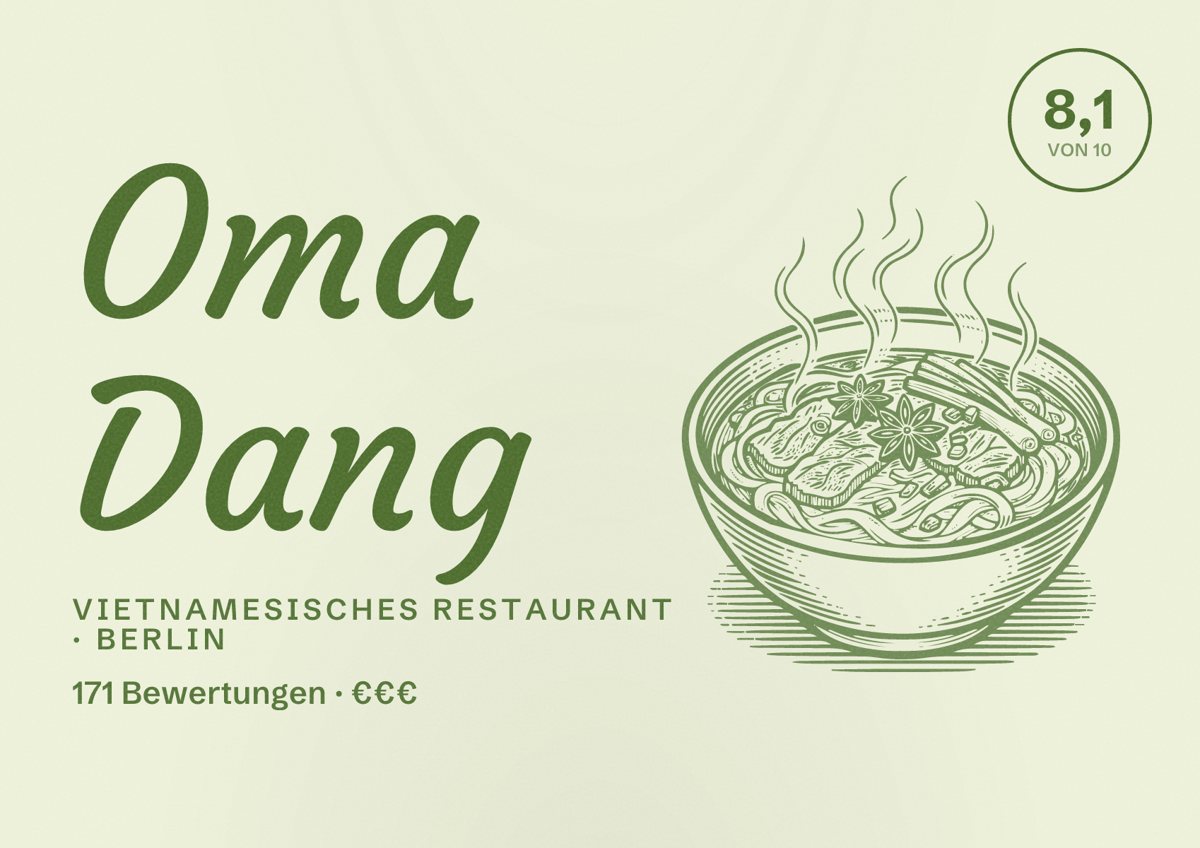 Illustriertes Poster von Oma Dang, Vietnamesisches Restaurant in Berlin: Bewertung 8,1 von 10 aus 171 Bewertungen, Preisniveau €€€