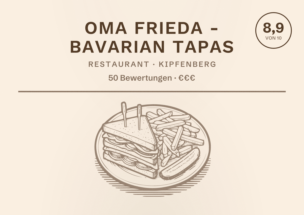 Illustriertes Poster von OMA FRIEDA - Bavarian Tapas, Restaurant in Kipfenberg: Bewertung 8,9 von 10 aus 50 Bewertungen, Preisniveau €€€