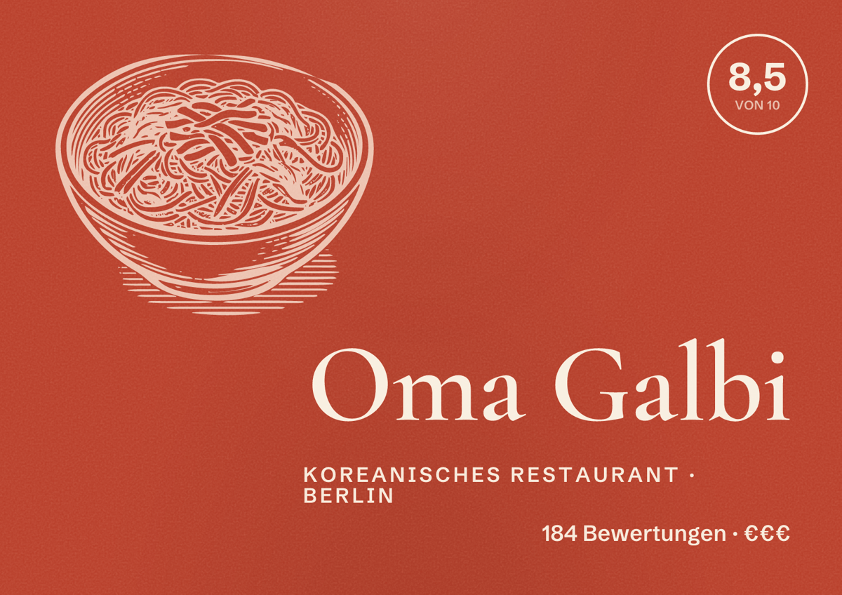 Illustriertes Poster von Oma Galbi, Koreanisches Restaurant in Berlin: Bewertung 8,5 von 10 aus 184 Bewertungen, Preisniveau €€€