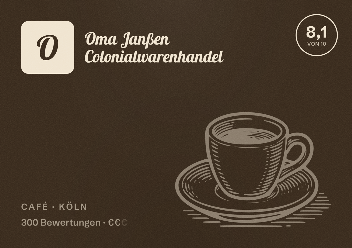 Illustriertes Poster von Oma Janßen Colonialwarenhandel, Café in Köln: Bewertung 8,1 von 10 aus 300 Bewertungen, Preisniveau €€