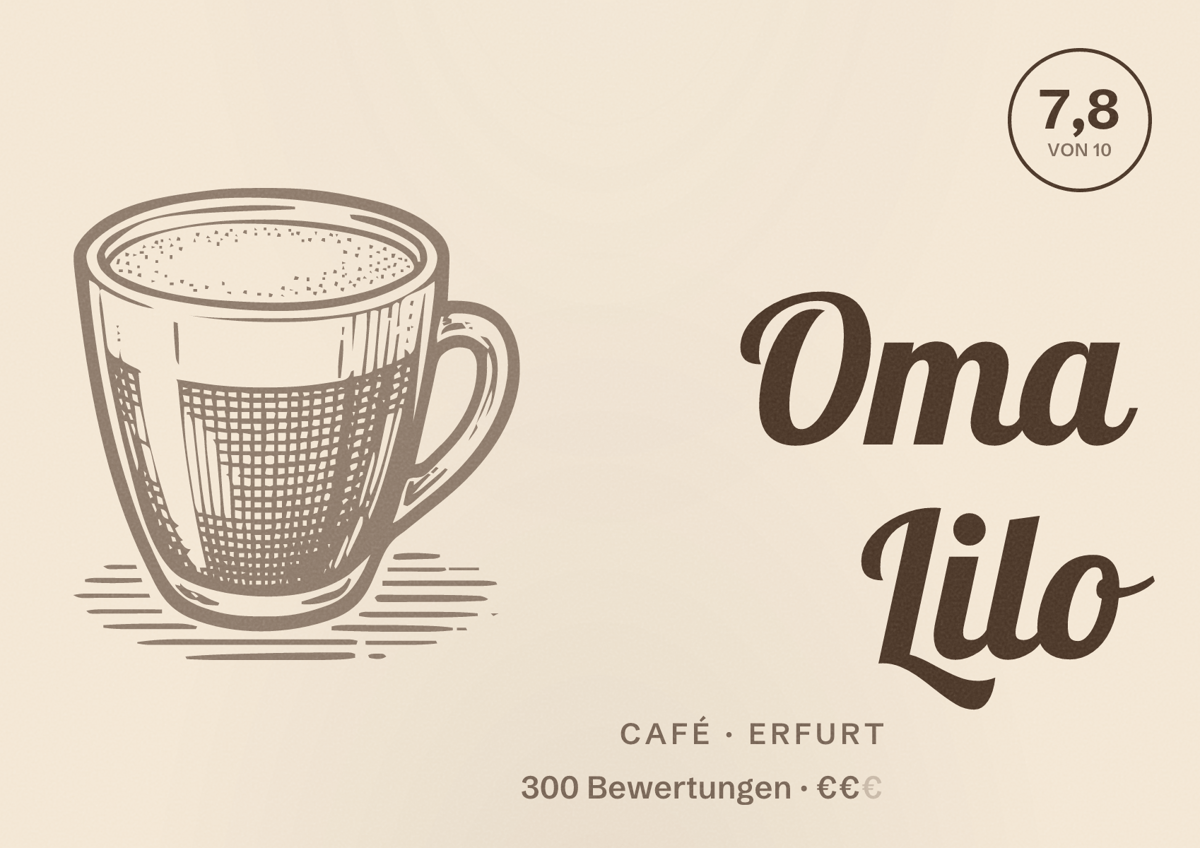 Illustriertes Poster von Oma Lilo, Café in Erfurt: Bewertung 7,8 von 10 aus 300 Bewertungen, Preisniveau €€