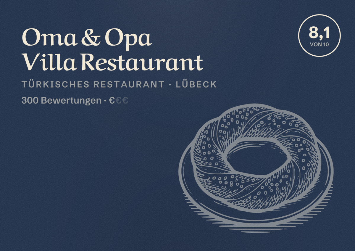 Illustriertes Poster von Oma & Opa Villa Restaurant, Türkisches Restaurant in Lübeck: Bewertung 8,1 von 10 aus 300 Bewertungen, Preisniveau €