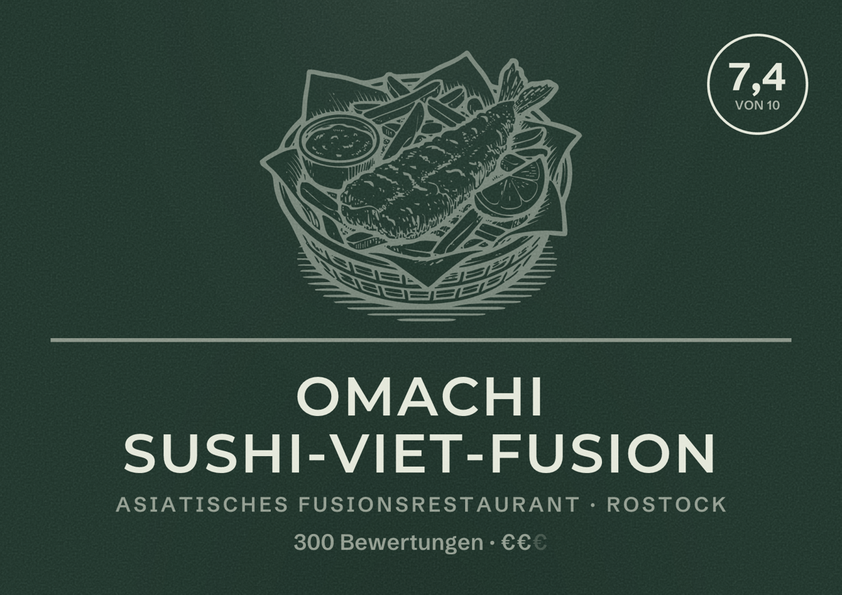 Illustriertes Poster von Omachi Sushi-Viet-Fusion, Asiatisches Fusionsrestaurant in Rostock: Bewertung 7,4 von 10 aus 300 Bewertungen, Preisniveau €€