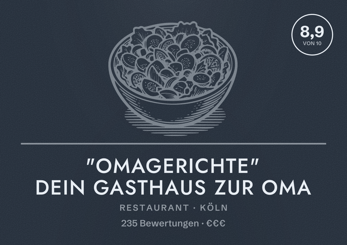 Illustriertes Poster von "Omagerichte" Dein Gasthaus zur Oma, Restaurant in Köln: Bewertung 8,9 von 10 aus 235 Bewertungen, Preisniveau €€€