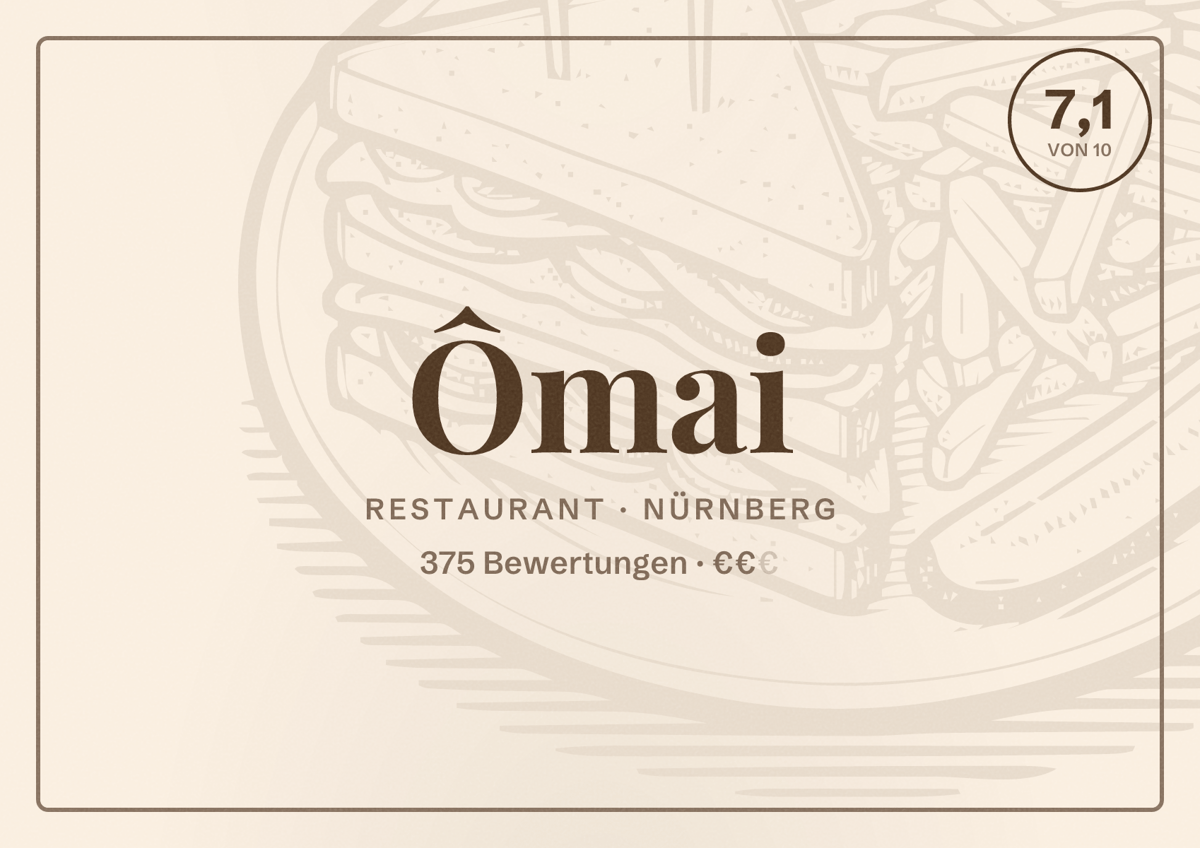 Illustriertes Poster von Ômai, Restaurant in Nürnberg: Bewertung 7,1 von 10 aus 375 Bewertungen, Preisniveau €€