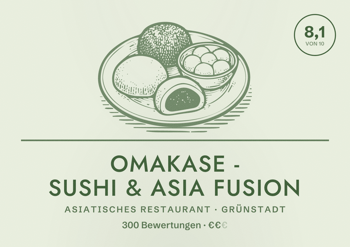 Illustriertes Poster von OMAKASE - Sushi & Asia Fusion, Asiatisches Restaurant in Grünstadt: Bewertung 8,1 von 10 aus 300 Bewertungen, Preisniveau €€
