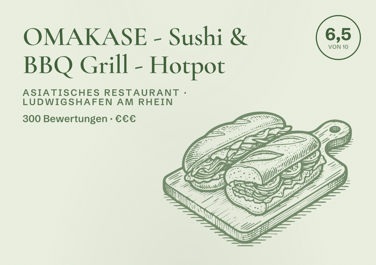 Illustriertes Poster von OMAKASE - Sushi & BBQ Grill - Hotpot, Asiatisches Restaurant in Ludwigshafen am Rhein: Bewertung 6,5 von 10 aus 300 Bewertungen, Preisniveau €€€