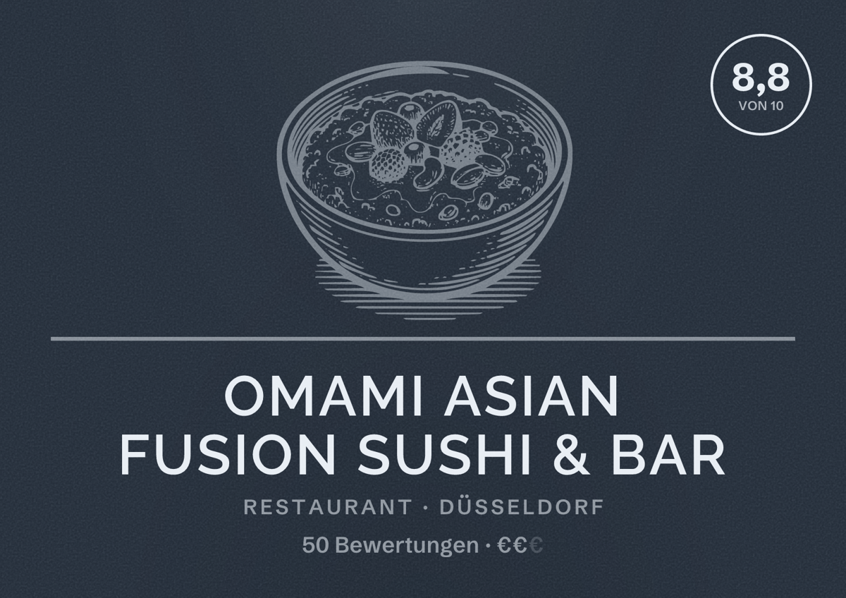 Illustriertes Poster von Omami Asian Fusion Sushi & Bar, Restaurant in Düsseldorf: Bewertung 8,8 von 10 aus 50 Bewertungen, Preisniveau €€