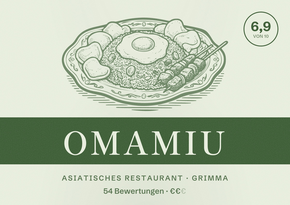Illustriertes Poster von OmaMiu, Asiatisches Restaurant in Grimma: Bewertung 6,9 von 10 aus 54 Bewertungen, Preisniveau €€