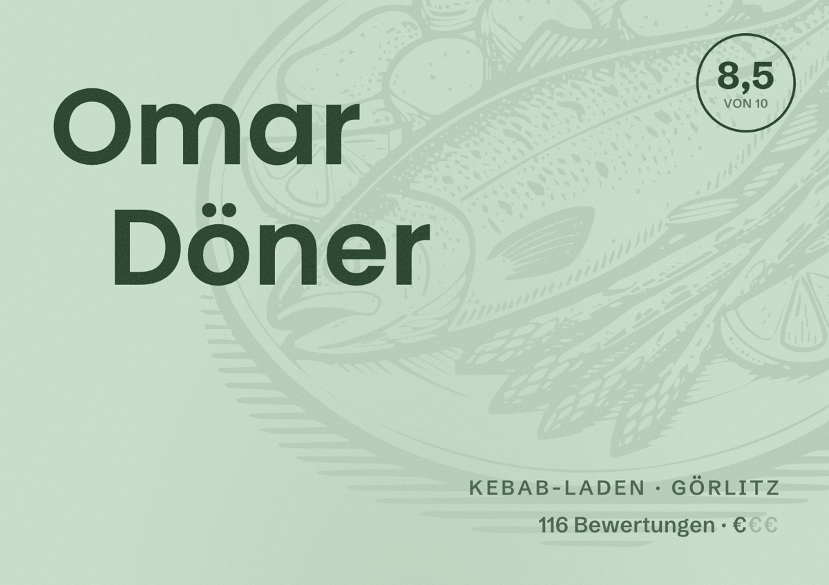 Illustriertes Poster von Omar Döner, Kebab-Laden in Görlitz: Bewertung 8,5 von 10 aus 116 Bewertungen, Preisniveau €