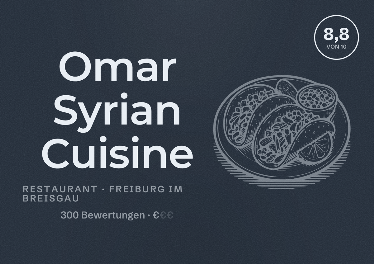 Illustriertes Poster von Omar Syrian Cuisine, Restaurant in Freiburg im Breisgau: Bewertung 8,8 von 10 aus 300 Bewertungen, Preisniveau €