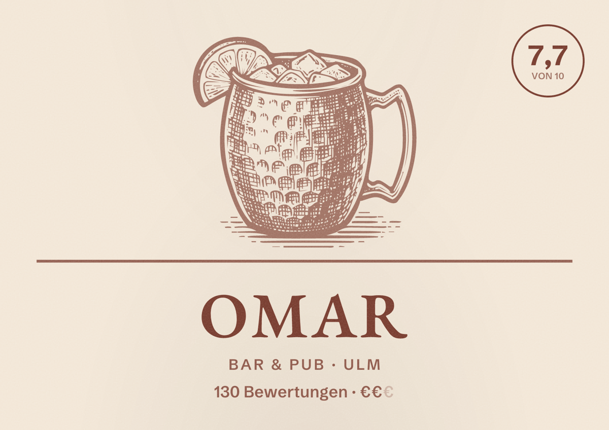 Illustriertes Poster von Omar, Bar & Pub in Ulm: Bewertung 7,7 von 10 aus 130 Bewertungen, Preisniveau €€