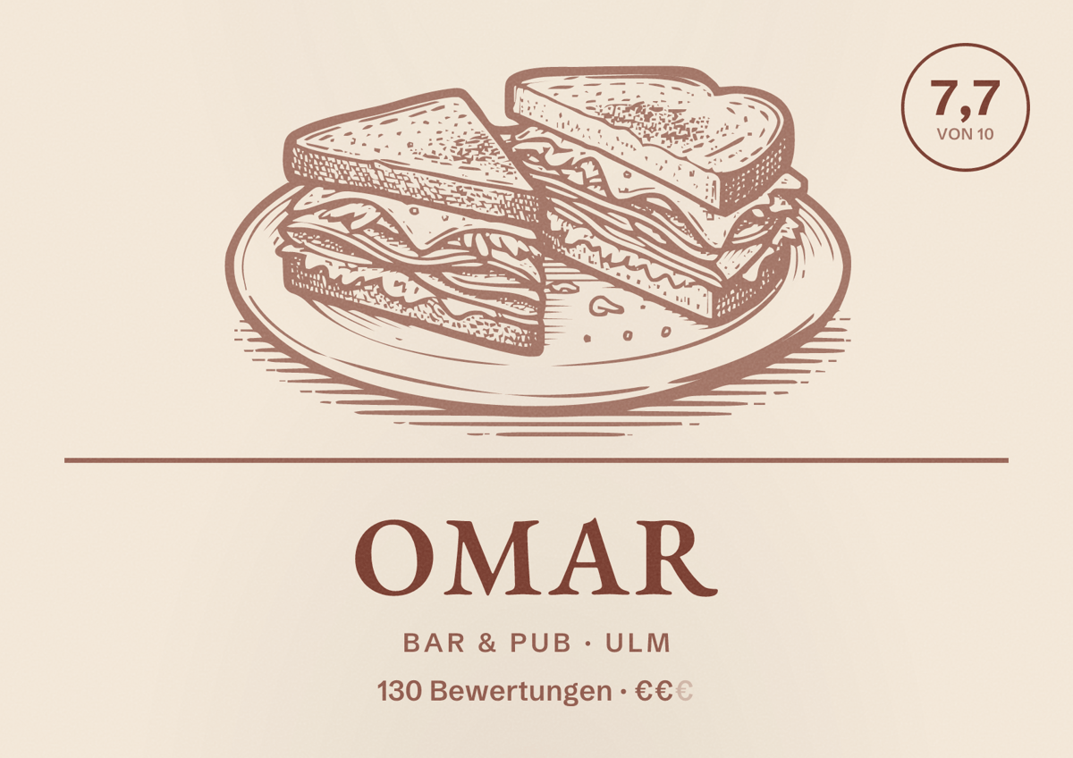 Illustriertes Poster von Omar, Bar & Pub in Ulm: Bewertung 7,7 von 10 aus 130 Bewertungen, Preisniveau €€