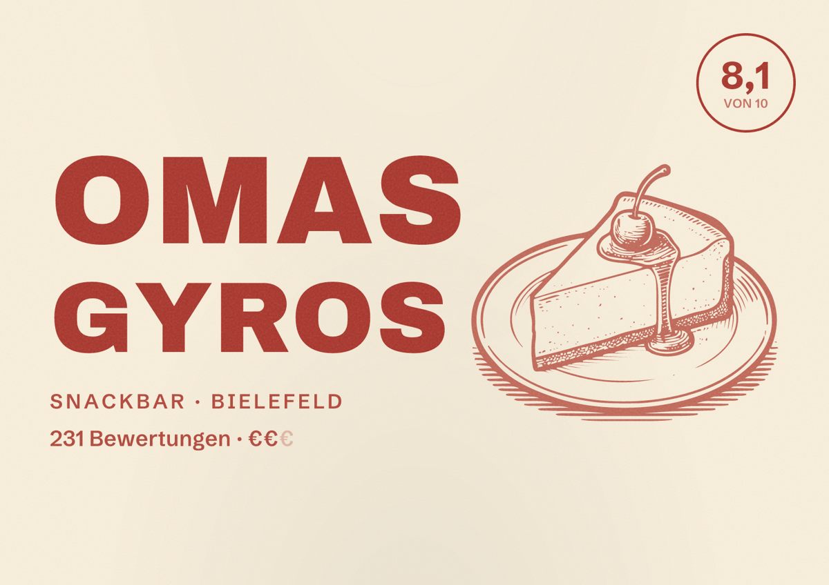 Illustriertes Poster von Omas Gyros, Snackbar in Bielefeld: Bewertung 8,1 von 10 aus 231 Bewertungen, Preisniveau €€