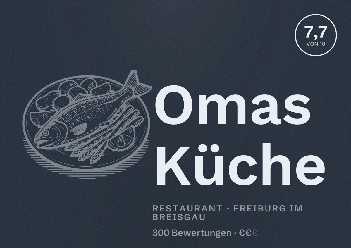 Illustriertes Poster von Omas Küche, Restaurant in Freiburg im Breisgau: Bewertung 7,7 von 10 aus 300 Bewertungen, Preisniveau €€