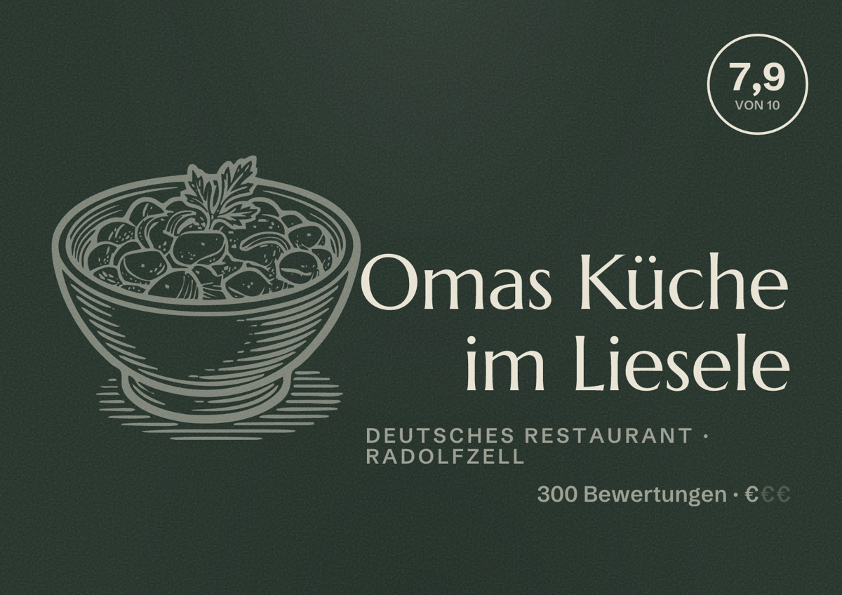 Illustriertes Poster von Omas Küche im Liesele, Deutsches Restaurant in Radolfzell: Bewertung 7,9 von 10 aus 300 Bewertungen, Preisniveau €