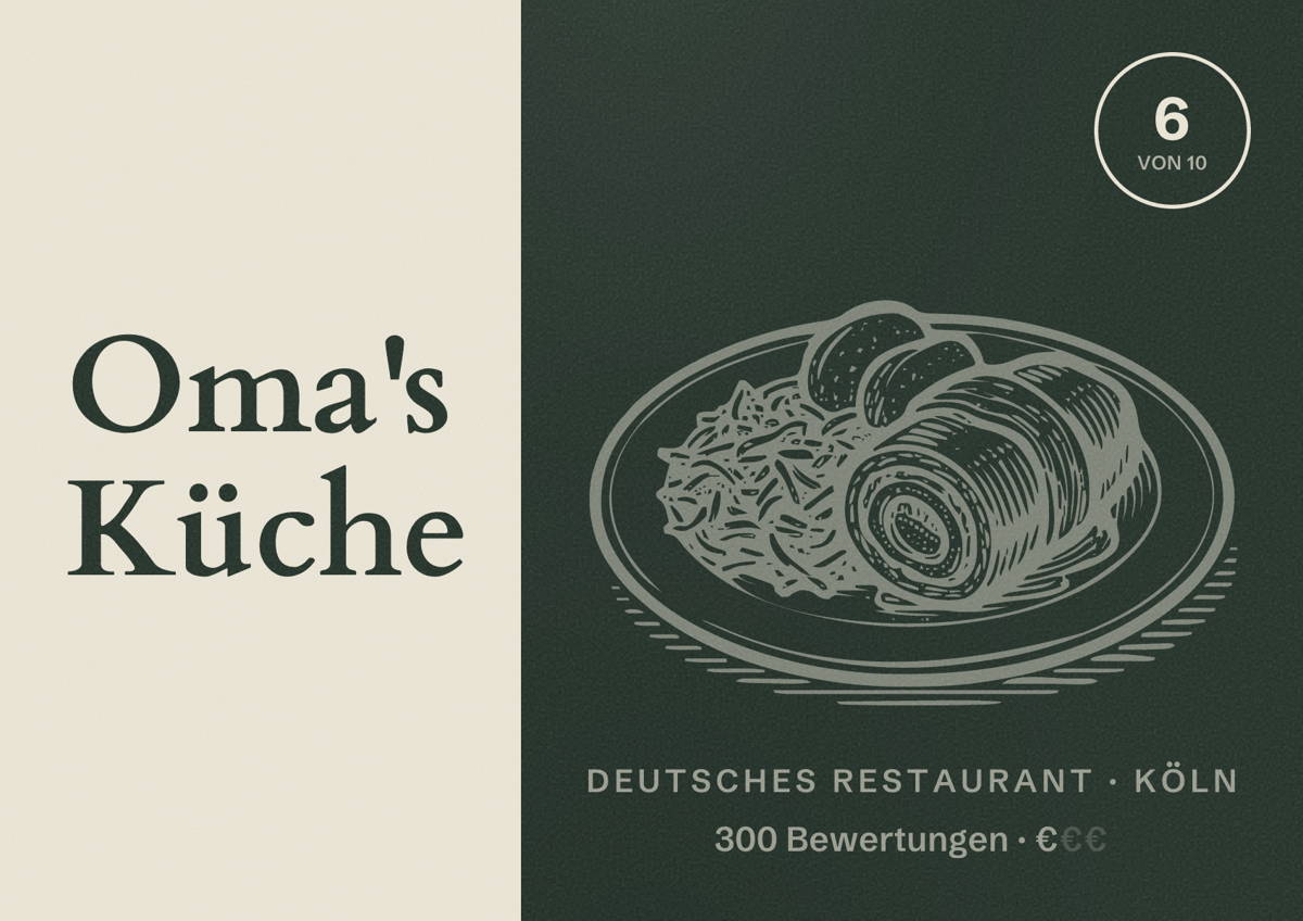 Illustriertes Poster von Oma's Küche, Deutsches Restaurant in Köln: Bewertung 6,0 von 10 aus 300 Bewertungen, Preisniveau €