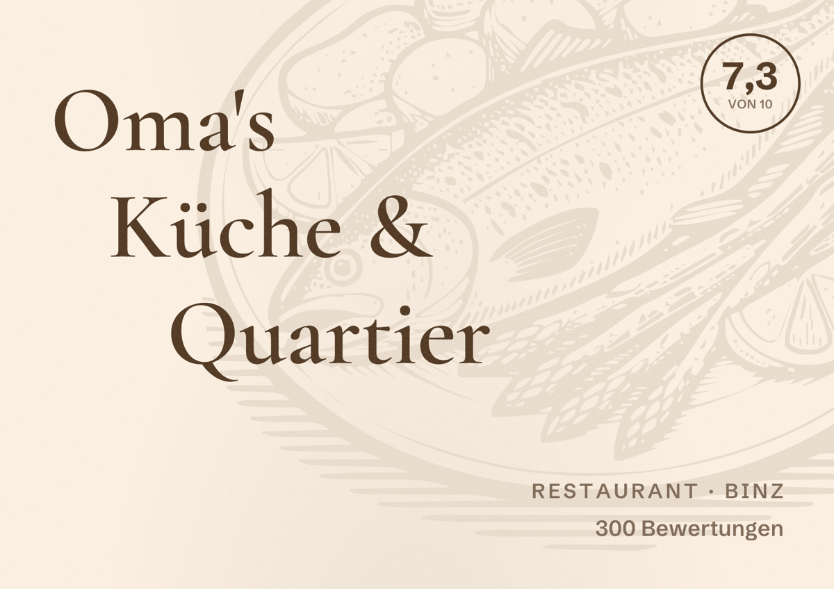 Illustriertes Poster von Oma's Küche & Quartier, Restaurant in Binz: Bewertung 7,3 von 10 aus 300 Bewertungen