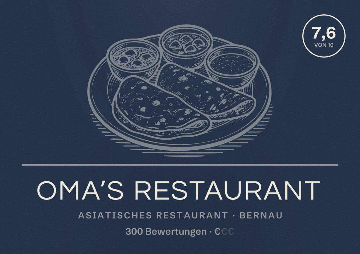 Illustriertes Poster von Oma’s Restaurant, Asiatisches Restaurant in Bernau: Bewertung 7,6 von 10 aus 300 Bewertungen, Preisniveau €