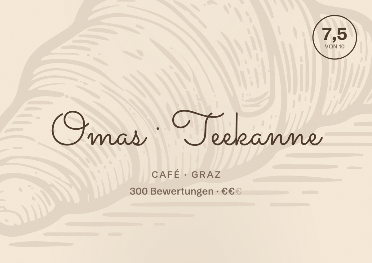 Illustriertes Poster von Omas Teekanne, Café in Graz: Bewertung 7,5 von 10 aus 300 Bewertungen, Preisniveau €€