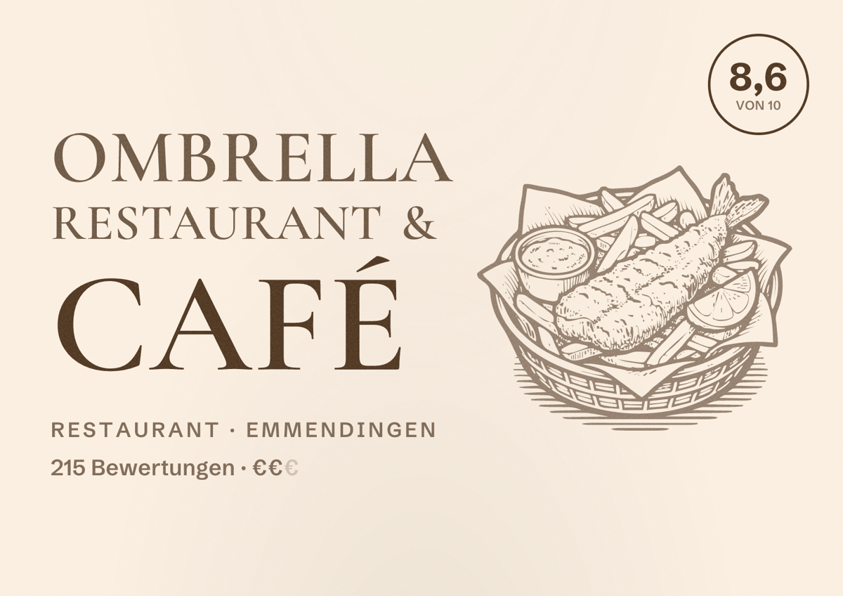 Illustriertes Poster von Ombrella Restaurant & Café, Restaurant in Emmendingen: Bewertung 8,6 von 10 aus 215 Bewertungen, Preisniveau €€