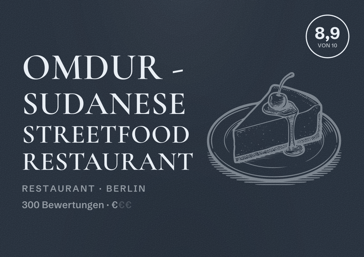 Illustriertes Poster von Omdur - Sudanese Streetfood Restaurant, Restaurant in Berlin: Bewertung 8,9 von 10 aus 300 Bewertungen, Preisniveau €