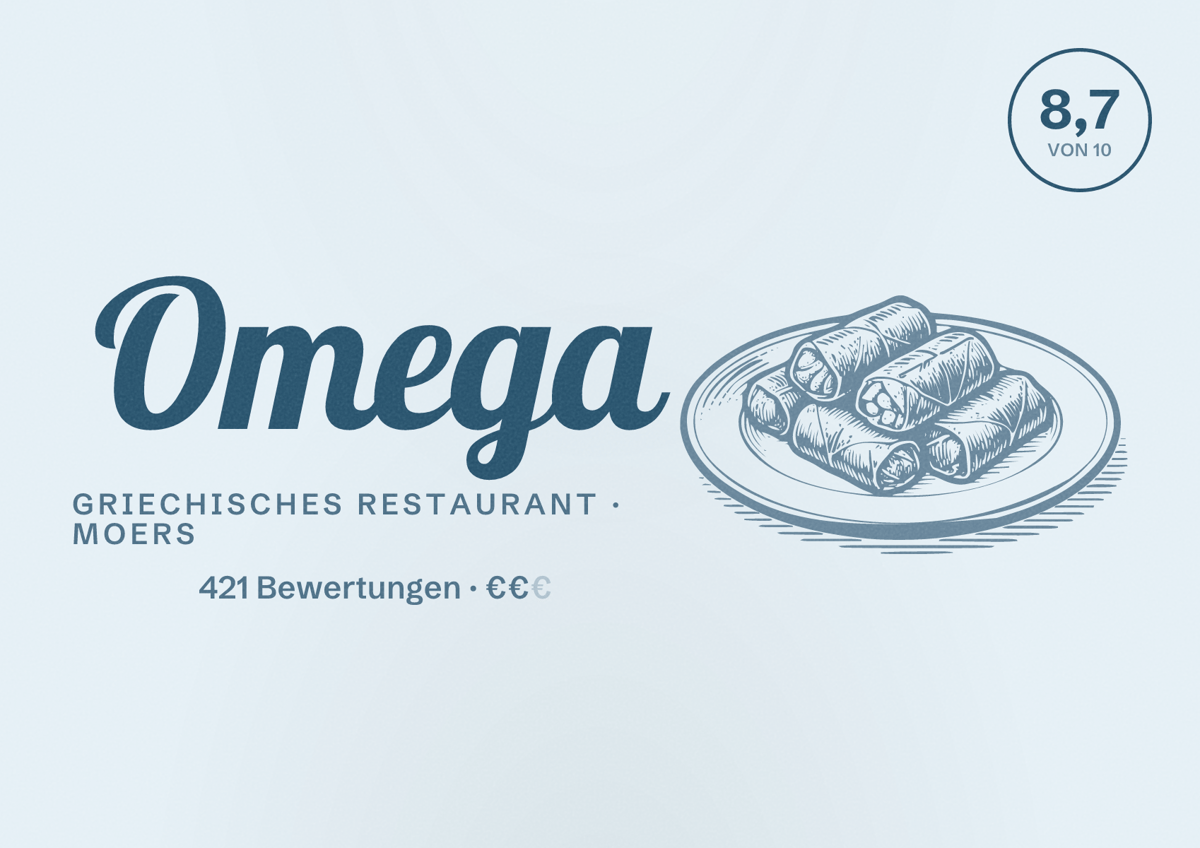 Illustriertes Poster von Omega, Griechisches Restaurant in Moers: Bewertung 8,7 von 10 aus 421 Bewertungen, Preisniveau €€