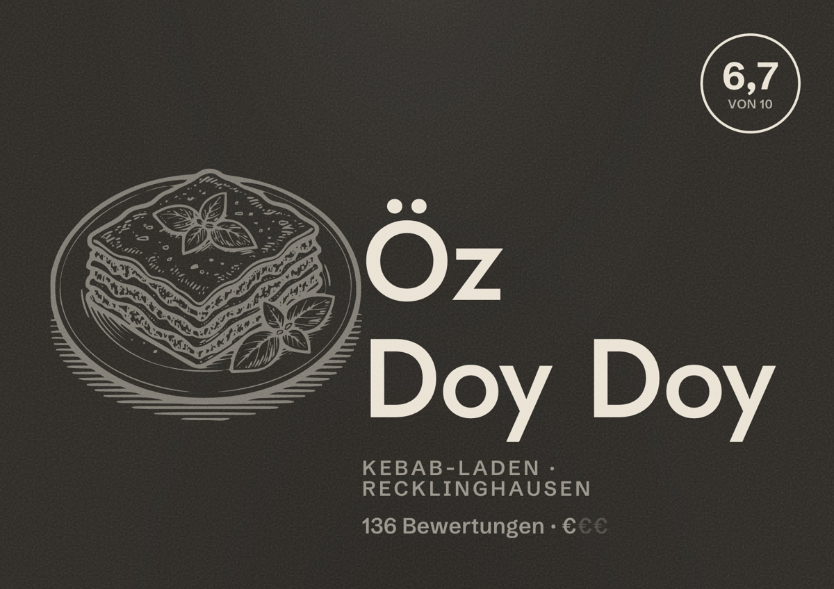 Illustriertes Poster von Öz Doy Doy, Kebab-Laden in Recklinghausen: Bewertung 6,7 von 10 aus 136 Bewertungen, Preisniveau €