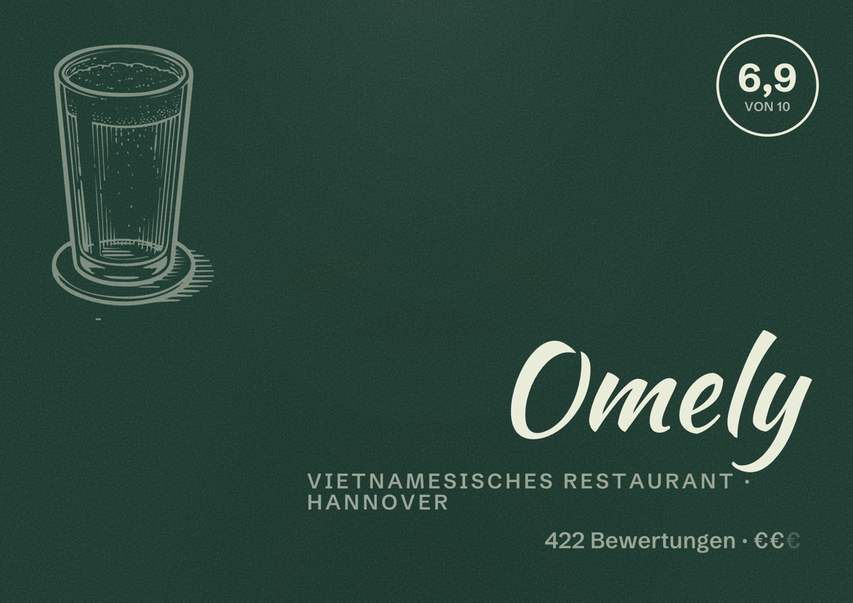 Illustriertes Poster von Omely, Vietnamesisches Restaurant in Hannover: Bewertung 6,9 von 10 aus 422 Bewertungen, Preisniveau €€