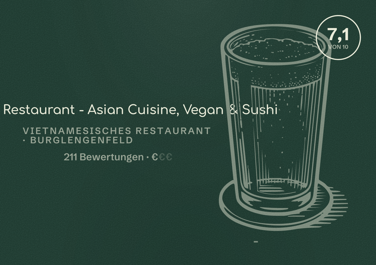 Illustriertes Poster von Omely Restaurant - Asian Cuisine, Vegan & Sushi, Vietnamesisches Restaurant in Burglengenfeld: Bewertung 7,1 von 10 aus 211 Bewertungen, Preisniveau €