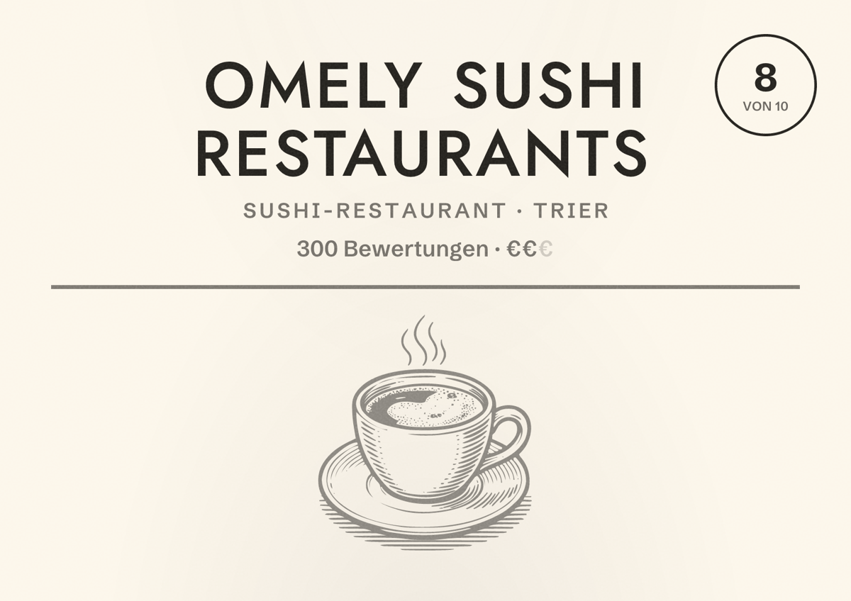 Illustriertes Poster von Omely Sushi Restaurants, Sushi-Restaurant in Trier: Bewertung 8 von 10 aus 300 Bewertungen, Preisniveau €€