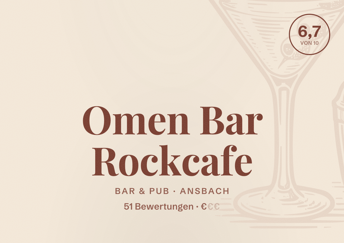 Illustriertes Poster von Omen Bar Rockcafe, Bar & Pub in Ansbach: Bewertung 6,7 von 10 aus 51 Bewertungen, Preisniveau €